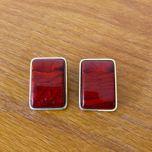 Vintage Gold and Red Plastic Feel Earrings Rectangle